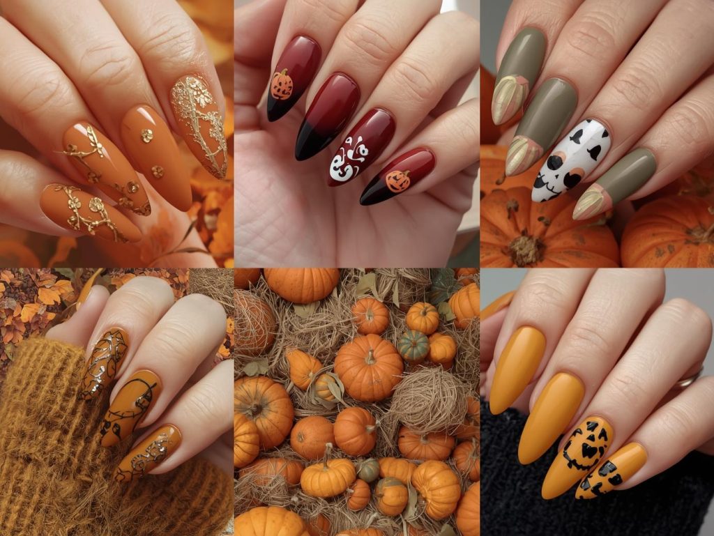 Top pumpkin nail designs featuring gold glitter pumpkin accents, bronze pumpkin vine details, white pumpkin patterns, and black jack-o'-lantern embellishments for Pinterest inspiration.