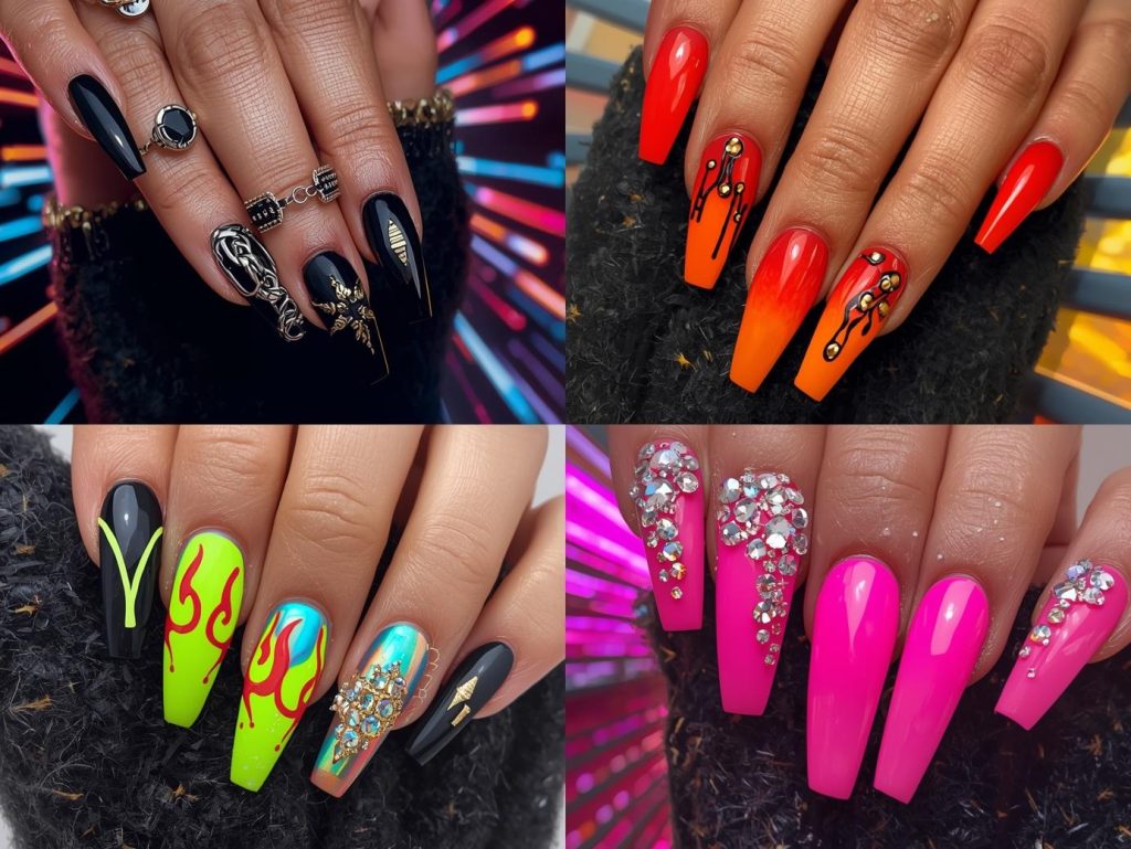 Top baddie nail designs featuring chrome silver chains, gold stud embellishments, black flame patterns, and holographic rhinestone details for Pinterest inspiration.