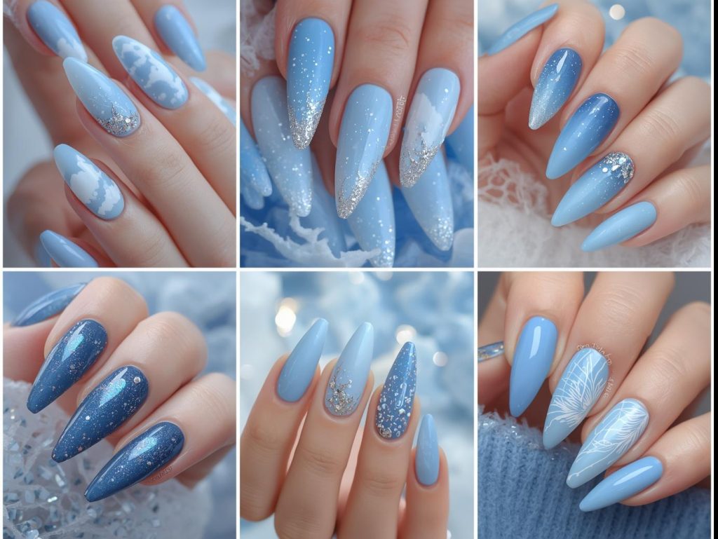 Sky Blue Nail Designs: Serene and Pinterest-Worthy Manicures to Adore 4 Top sky blue nail designs featuring silver cloud accents, glittery star sparkles, white feather patterns, and holographic moon details for Pinterest inspiration.