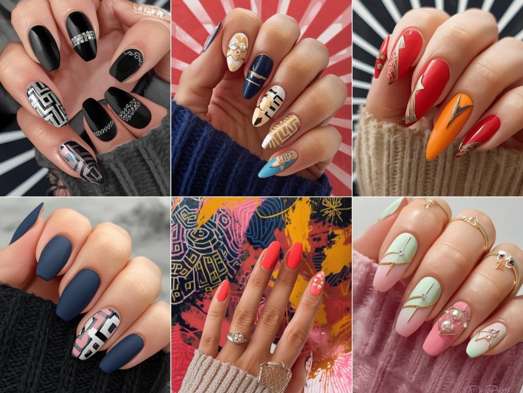 Top color block nail designs featuring silver accents, gold details, holographic patterns, and pearl embellishments for Pinterest inspiration