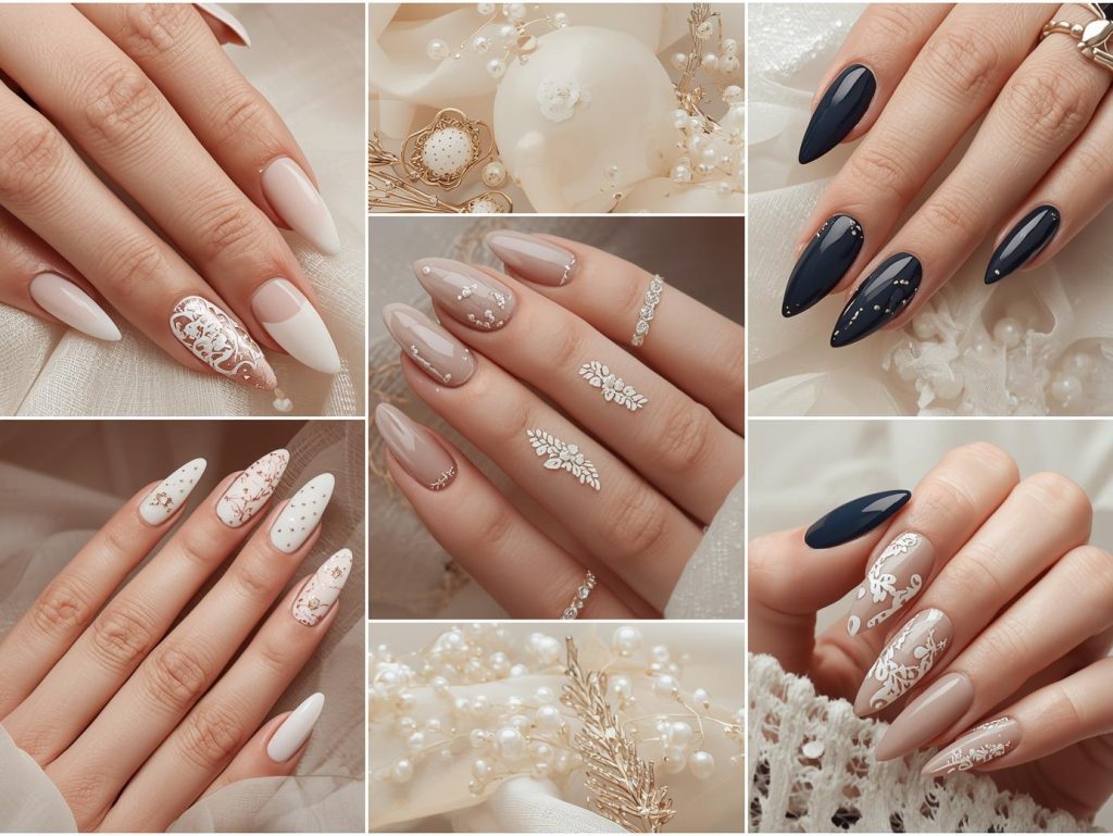 Classy Nail Designs: Elegant and Pinterest-Worthy Manicures to Adore 4 Top classy nail designs featuring rose gold French tips, gold foil minimalist accents, pearl embellishments, and ivory lace patterns for Pinterest inspiration.