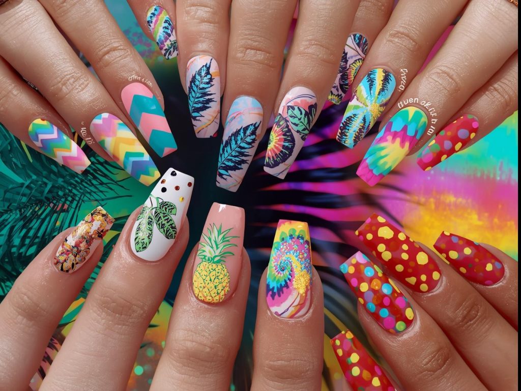 Colorful Nail Designs: Vibrant and Pinterest-Worthy Manicures to Obsess Over 4 Top colorful nail designs featuring neon rainbow chevrons, tropical fruit patterns, tie-dye swirls, and confetti polka dots for Pinterest inspiration.