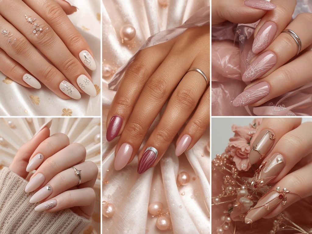 Top elegant nail designs featuring gold foil swirls, pearl embellishments, silver minimalist lines, and rose gold floral details for Pinterest inspiration.
