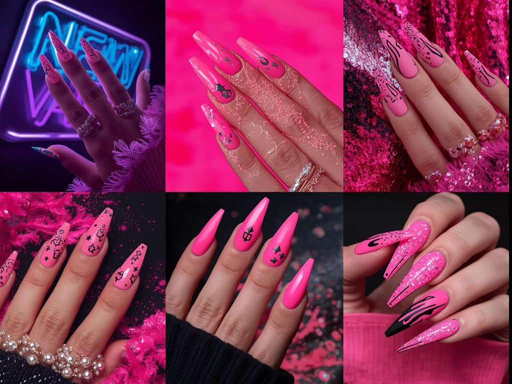 Top neon pink nail designs featuring holographic hearts, glittery star bursts, black geometric flames, and iridescent pearl drips for Pinterest inspiration.