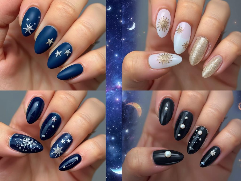 Top star nail designs featuring silver star accents, gold glitter starburst details, holographic star patterns, and pearl star embellishments for Pinterest inspiration.