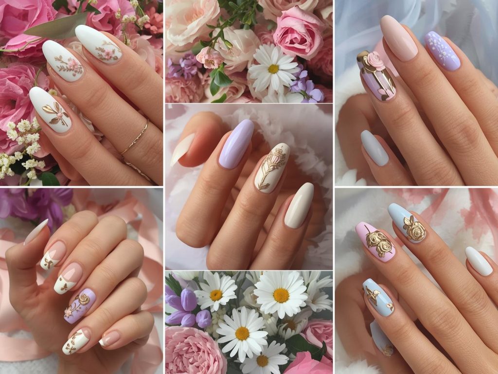 Top floral French nail designs featuring soft pink floral accents, lavender flower details, gold rose embellishments, and white daisy patterns for Pinterest inspiration.