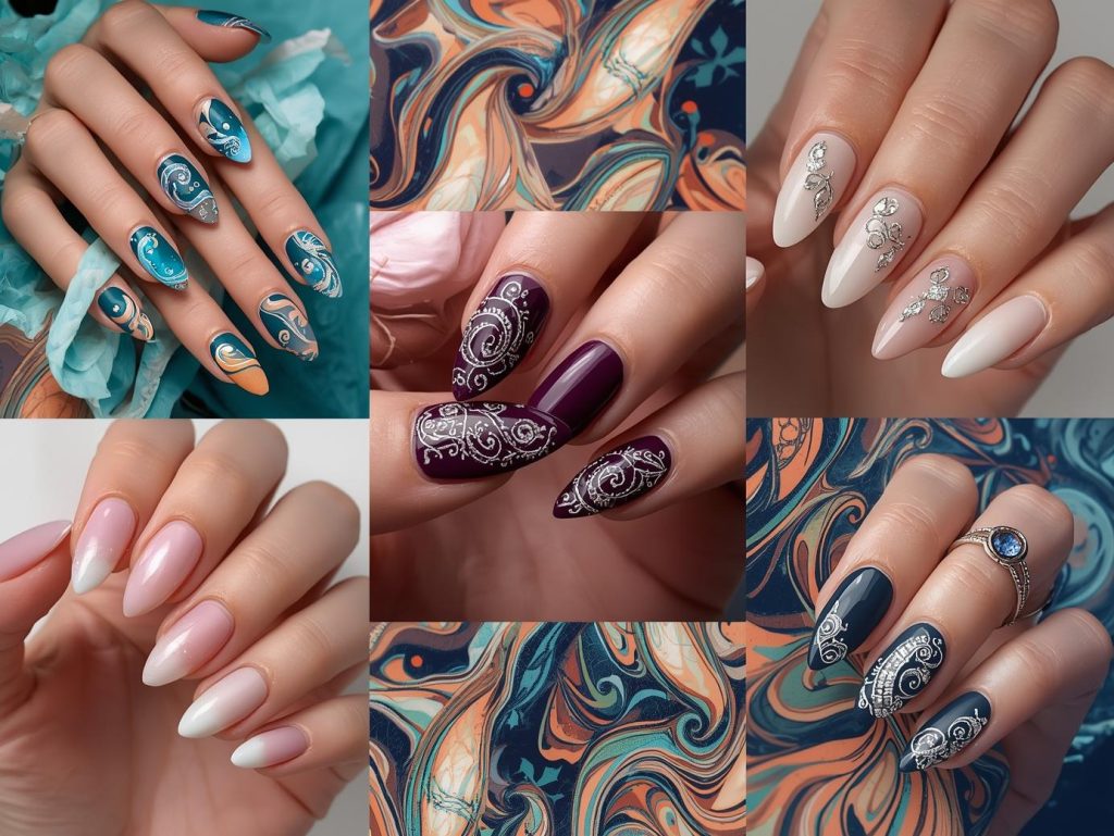 Top swirl nail designs featuring white swirl accents, gold swirl details, silver swirl patterns, and holographic swirl embellishments for Pinterest inspiration.