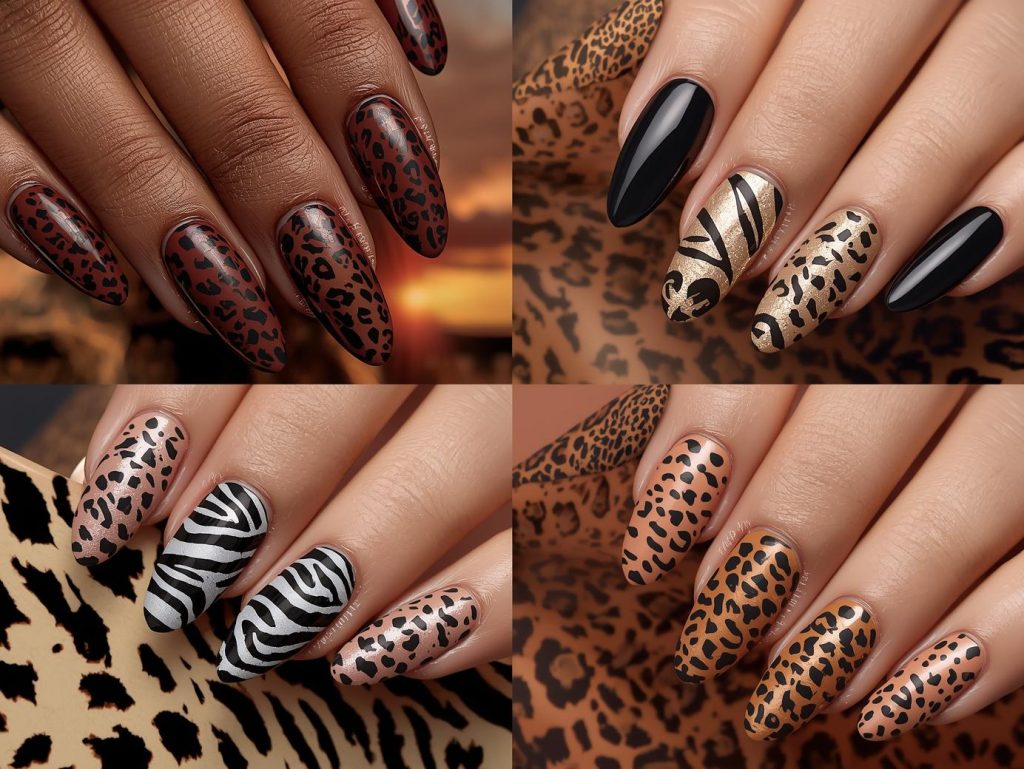 Top animal print nail designs featuring black leopard spots, gold zebra stripes, silver cheetah patterns, and bronze tiger print accents for Pinterest inspiration.