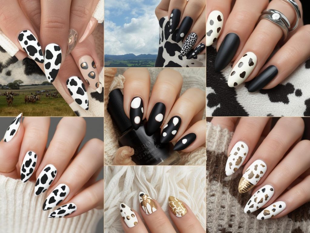 Cow Print Nail Designs: Playful and Pinterest-Worthy Manicures to Adore 4 Top cow print nail designs featuring black cow spots, brown cow patches, white cow print accents, and gold cow spot details for Pinterest inspiration.