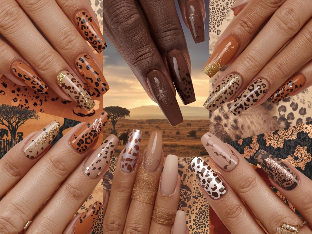 Top leopard print nail designs featuring black and bronze leopard spots, gold glitter leopard accents, silver leopard patterns, and copper leopard print details for Pinterest inspiration.
