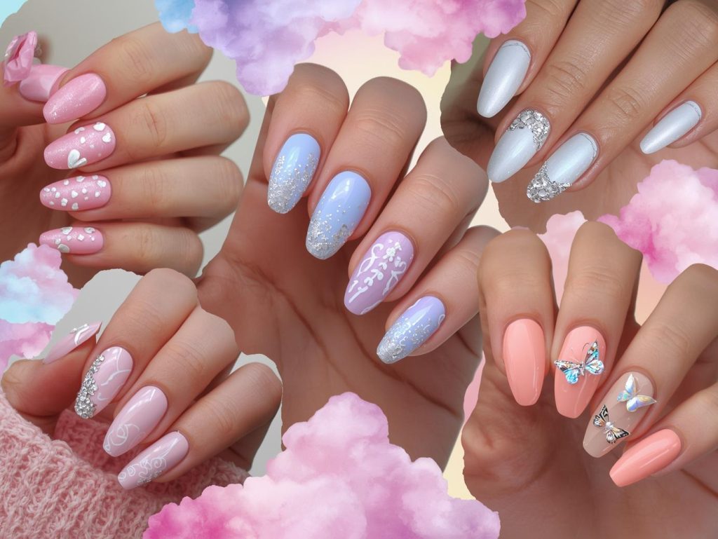 Soft Girl Nail Designs: Dreamy and Pinterest-Worthy Manicures to Adore 4 Top soft girl nail designs featuring pearl heart accents, silver glitter clouds, white floral doodles, and holographic butterfly details for Pinterest inspiration.