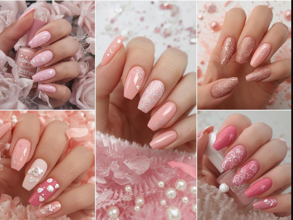 Top blush nail designs featuring rose gold foil petals, shimmering pearl sparkles, white lace patterns, and holographic heart details for Pinterest inspiration.