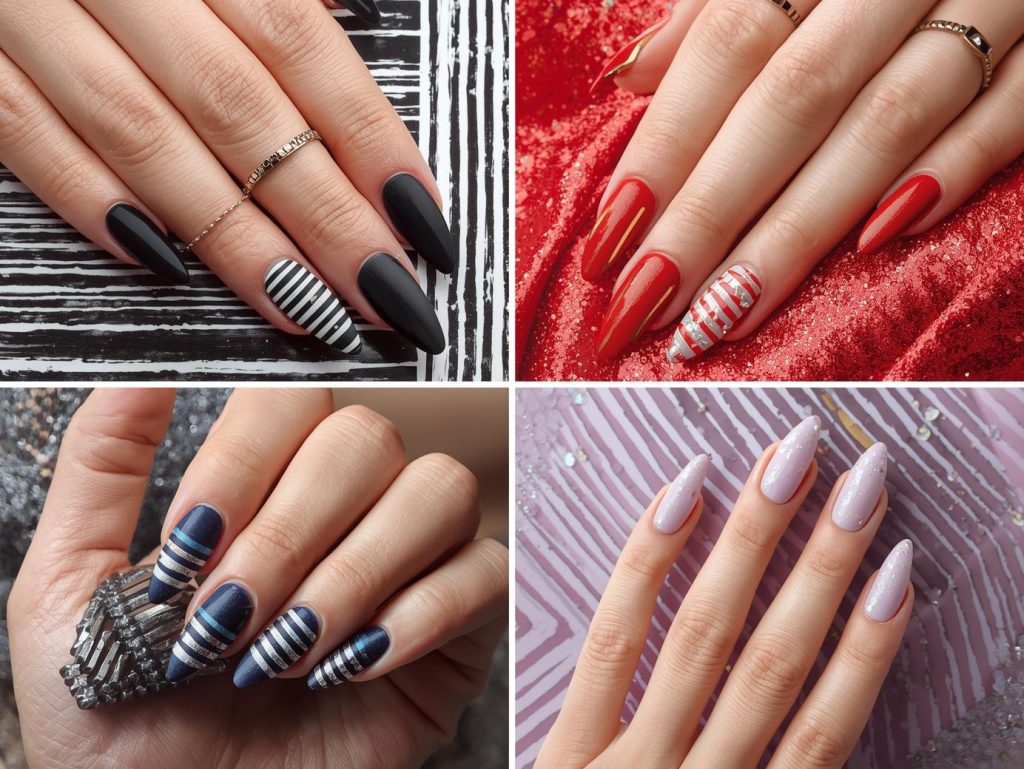 Top striped nail designs featuring white vertical stripes, gold horizontal stripe accents, silver diagonal stripe patterns, and holographic stripe details for Pinterest inspiration.