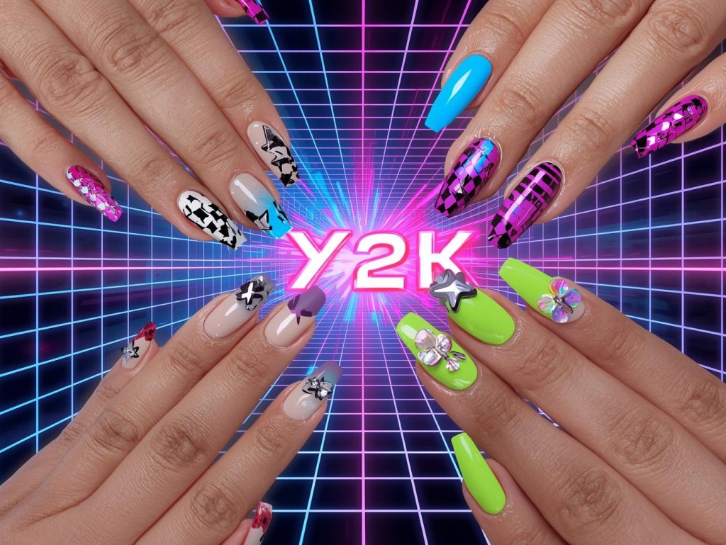 Top Y2K nail designs featuring holographic star stickers, silver chrome heart accents, black checkered patterns, and iridescent butterfly charms for Pinterest inspiration.