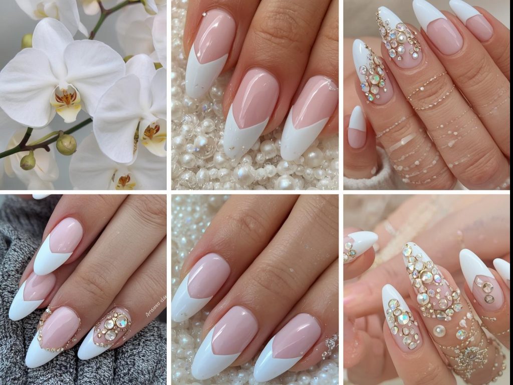 Top white French tip nail designs featuring classic glossy tips, gold foil accents, pearl embellishments, and holographic sparkle outlines for Pinterest inspiration.