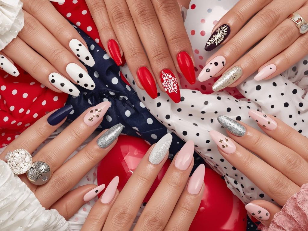 Top polka dot nail designs featuring black polka dots, white polka dot accents, gold polka dot patterns, and silver polka dot details for Pinterest inspiration.
