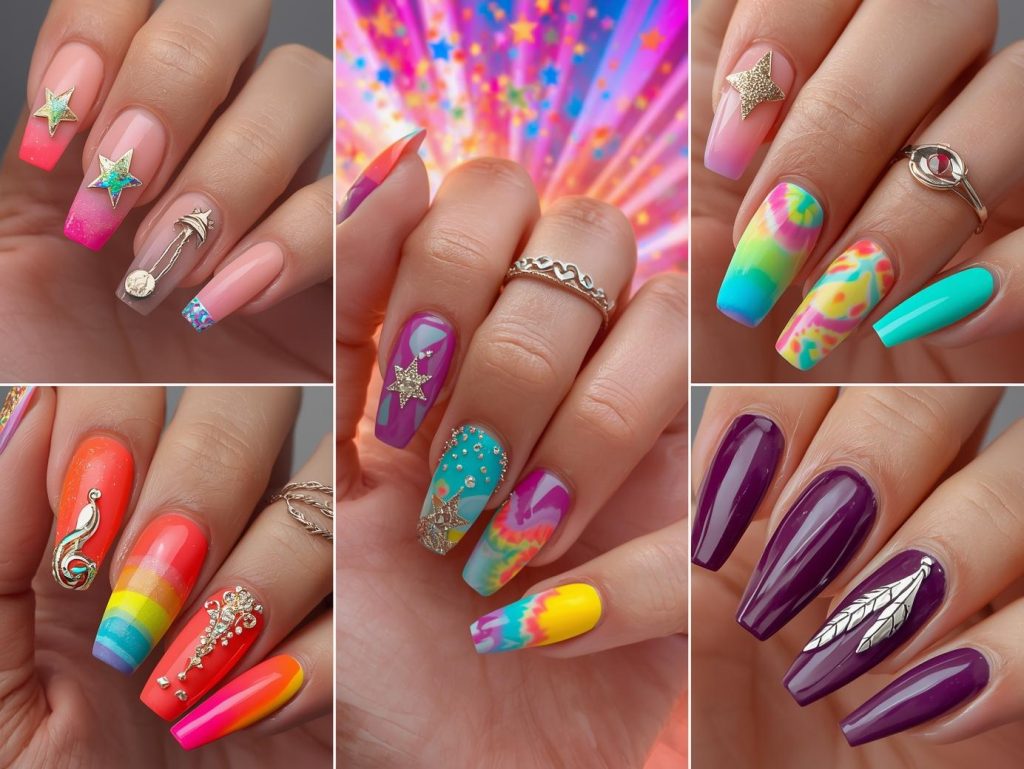 Festival Nail Designs: Vibrant and Pinterest-Worthy Manicures to Adore 4 Top festival nail designs featuring holographic festival stars, gold glitter music notes, rainbow tie-dye patterns, and silver metallic feather charms for Pinterest inspiration.