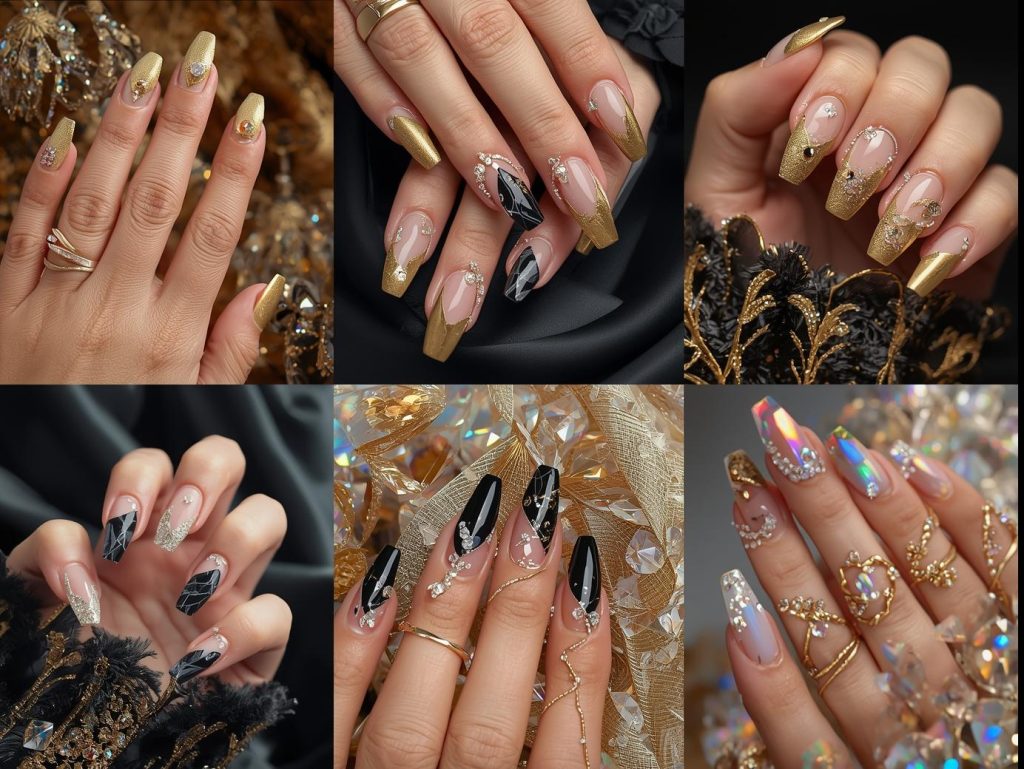 Top gold French tip nail designs featuring classic glossy tips, black marble accents, crystal embellishments, and holographic glitter outlines for Pinterest inspiration.