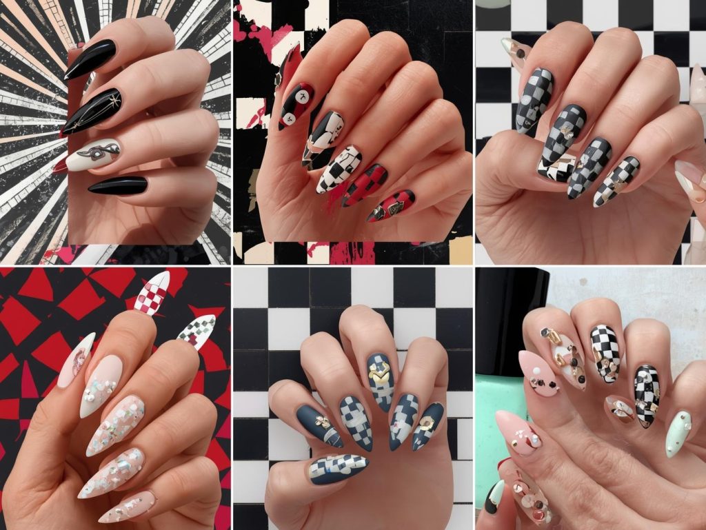 Top checkerboard nail designs featuring silver accents, gold details, holographic patterns, and pearl embellishments for Pinterest inspiration.