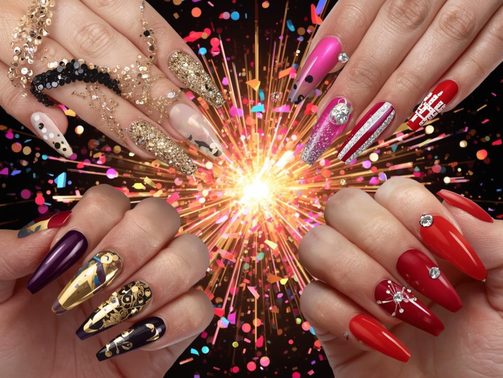 Party Nail Designs: Bold and Pinterest-Worthy Manicures to Adore 4 Top party nail designs featuring black sequin accents, silver holographic confetti, gold foil disco ball patterns, and crystal rhinestone embellishments for Pinterest inspiration.