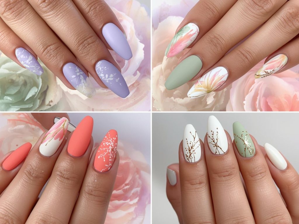 Watercolor Nail Designs: Dreamy and Pinterest-Worthy Manicures to Adore 4 Top watercolor nail designs featuring pastel blue swirls, pink and yellow blends, white watercolor accents, and gold watercolor splashes for Pinterest inspiration.