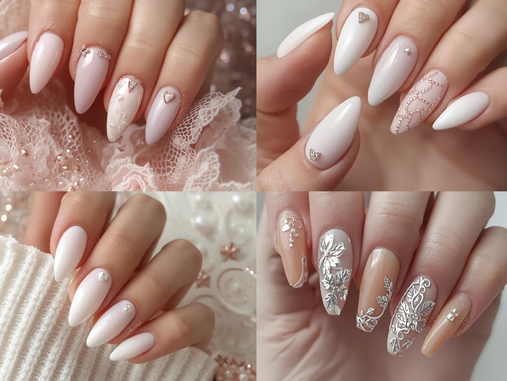 Top engagement nail designs featuring diamond-like crystals, rose gold heart details, pearl embellishments, and silver floral filigree patterns for Pinterest inspiration.