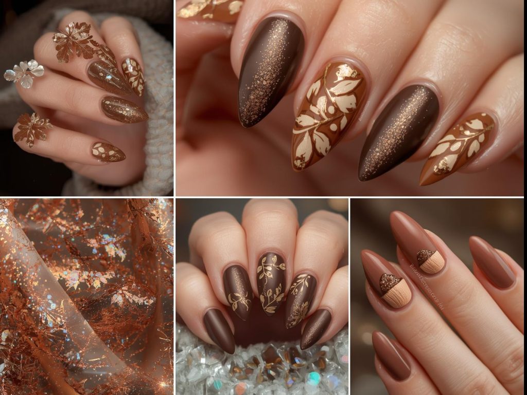 Brown Nail Designs: Warm and Pinterest-Worthy Manicures to Adore 4 Top brown nail designs featuring gold foil leaves, bronze glitter sparkles, creamy beige swirls, and holographic acorn details for Pinterest inspiration.