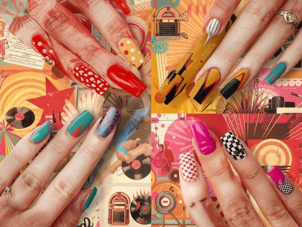 Top retro nail designs featuring white polka dots, black vinyl record patterns, orange geometric shapes, and checkerboard details for Pinterest inspiration.