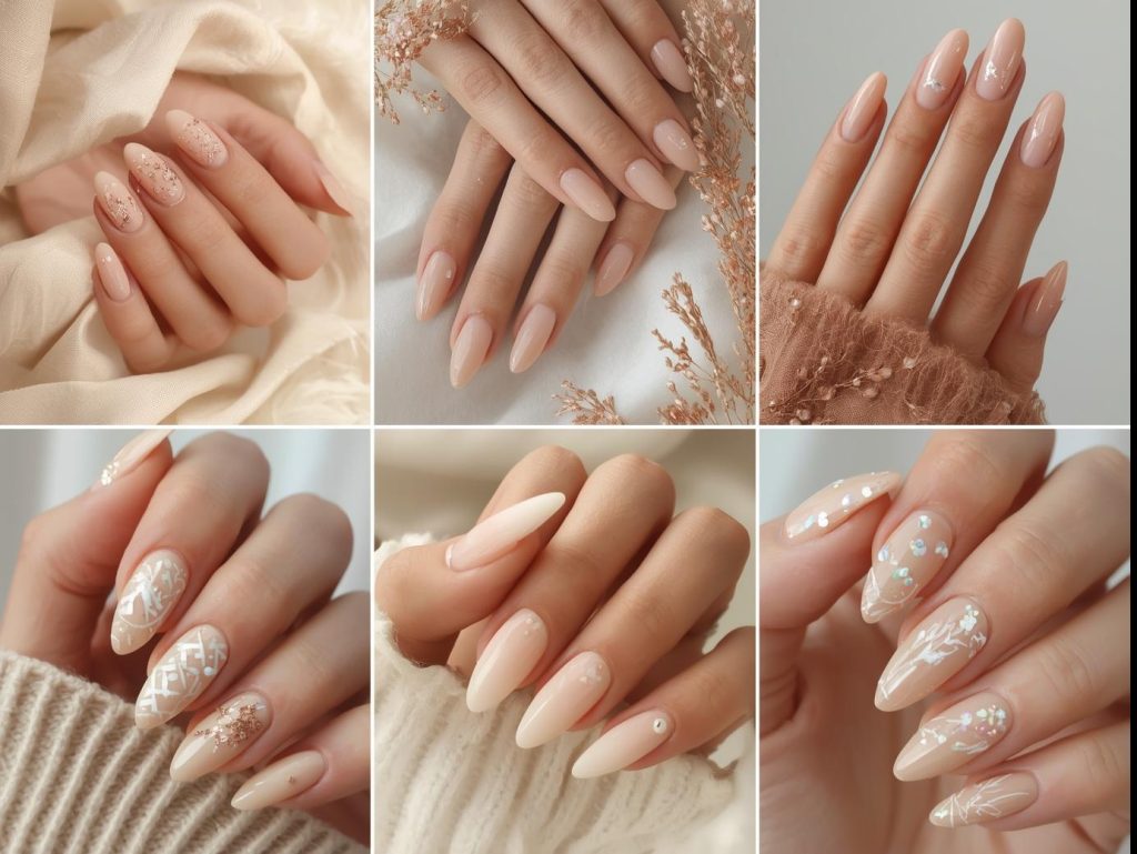Beige Nail Designs: Elegant and Pinterest-Worthy Manicures to Adore 4 Top beige nail designs featuring rose gold foil leaves, gold glitter speckles, white minimalist lines, and holographic pearl details for Pinterest inspiration.