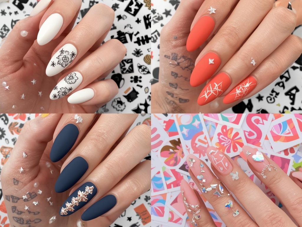 Top nail sticker designs featuring black floral stickers, gold geometric stickers, silver star stickers, and holographic heart stickers for Pinterest inspiration.