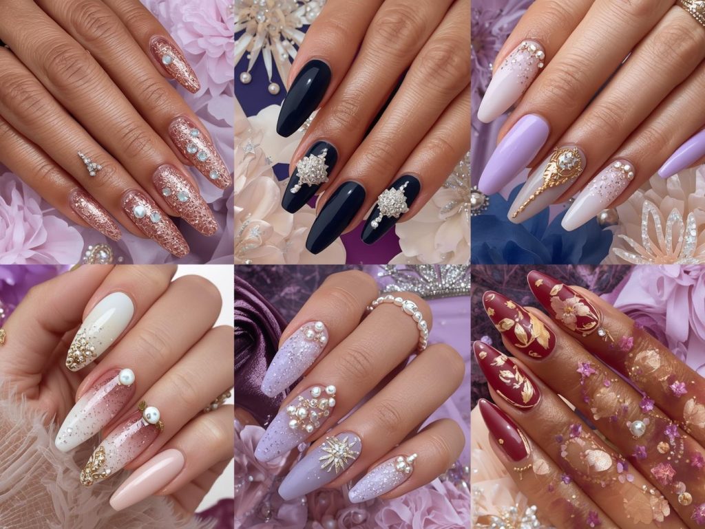 Top prom nail ideas featuring rose gold glitter, silver star embellishments, pearl details, and gold foil floral patterns for Pinterest inspiration