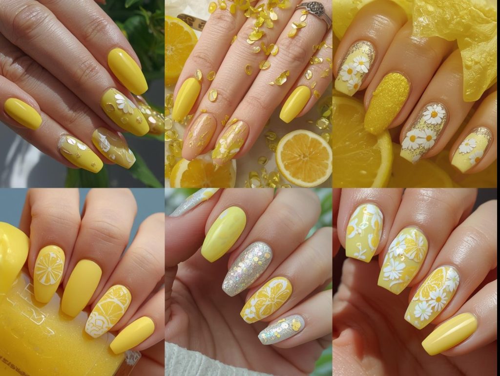 Top lemon yellow nail designs featuring gold foil citrus slices, silver glitter sparkles, white daisy patterns, and holographic lemon peel details for Pinterest inspiration.