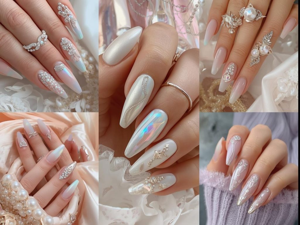 Top pearl nail designs featuring shimmer tips, pearl inlays, bead accents, and opalescent swirls for Pinterest inspiration
