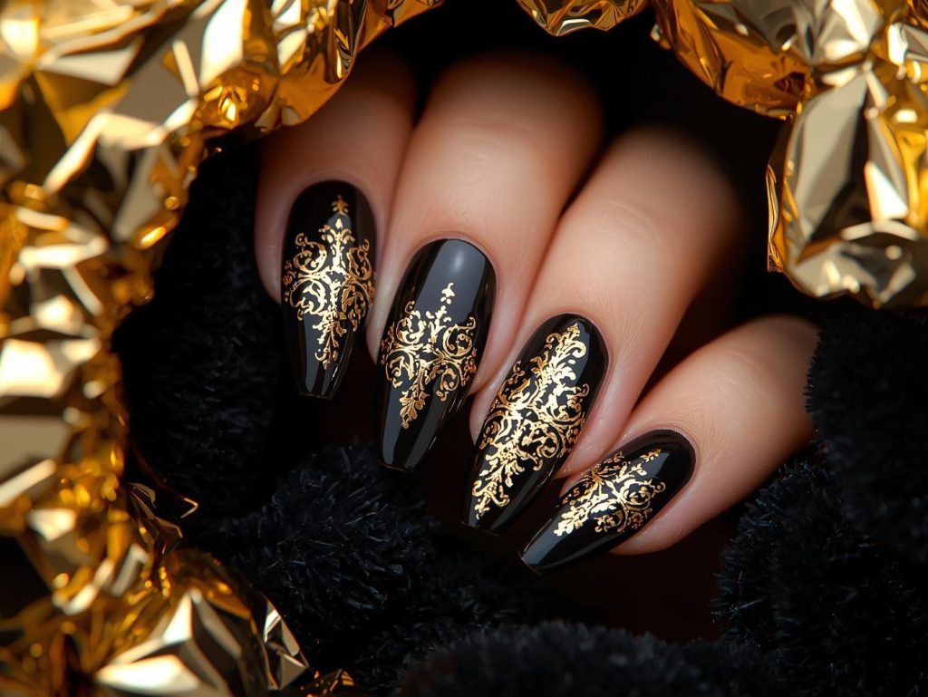  Rich black gold foil baroque nail art with black base.