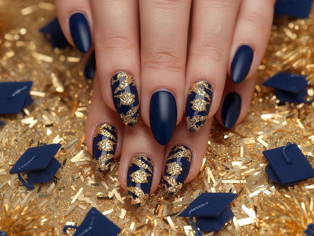 Classic navy gold foil cap and gown nail art with navy base.