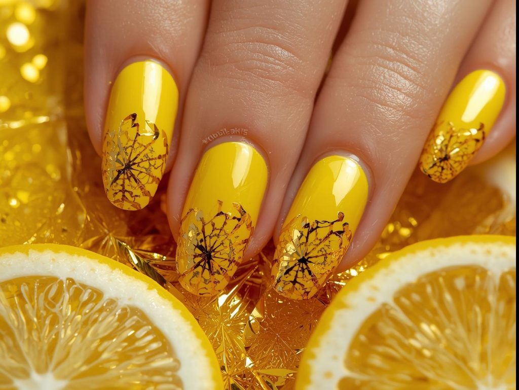 Bright lemon yellow gold foil citrus slice nail art with lemon yellow base.