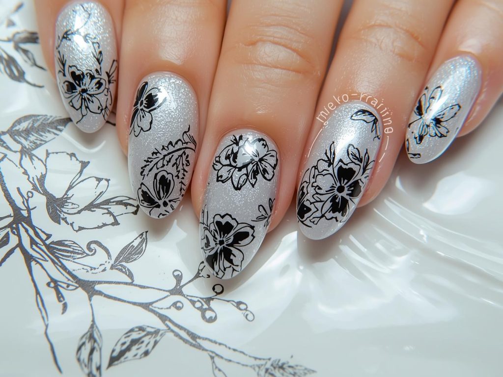 Glossy white black floral hand painted nail art with white base.