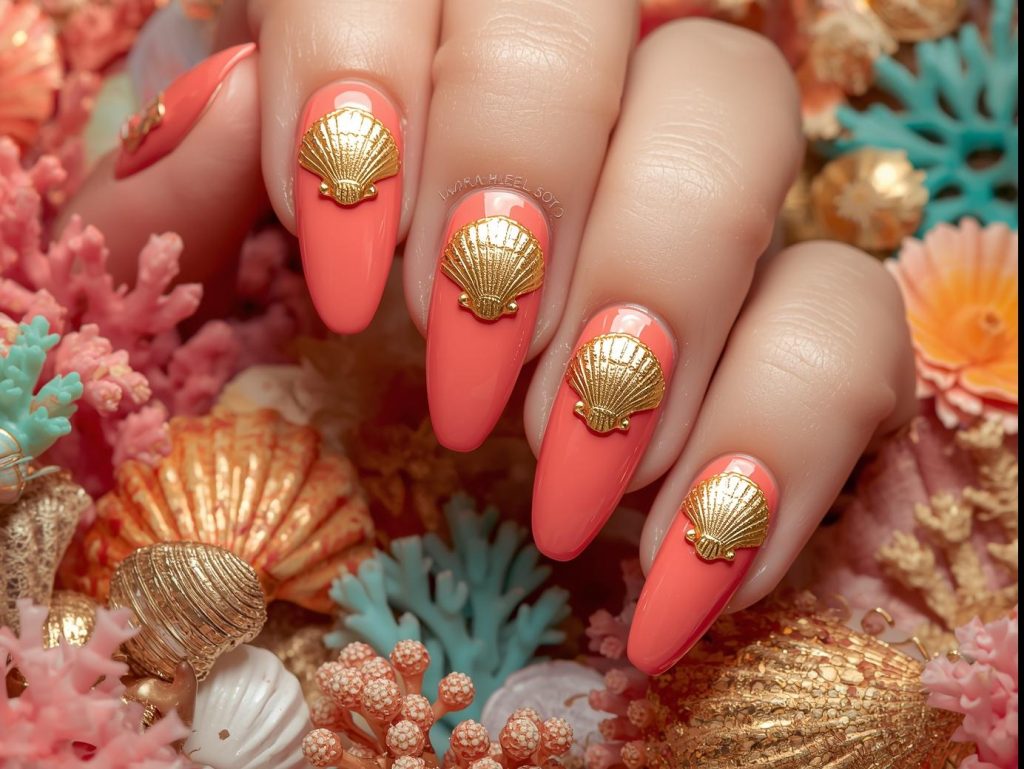 Coral Nail Designs: Vibrant and Pinterest-Worthy Manicures to Adore 5 Vivid coral gold foil seashell nail art with coral base.