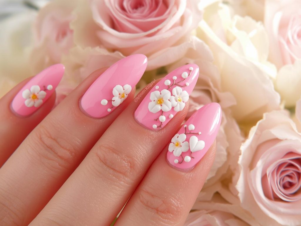 Mother's Day Nail Designs: Heartfelt and Pinterest-Worthy Manicures to Adore 5 Soft pink white floral heart nail art with pink base.
