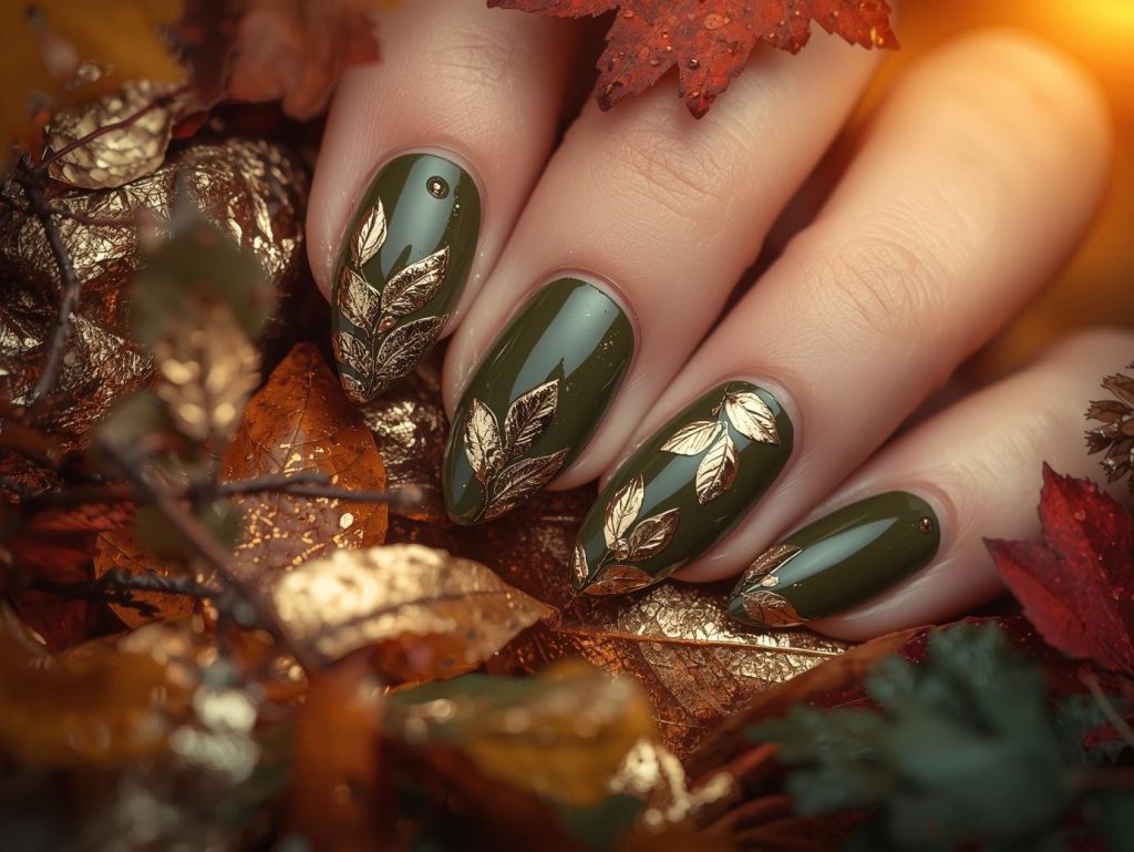 Olive Green Nail Designs: Earthy and Pinterest-Worthy Manicures to Adore 5 Deep olive green gold foil leaf nail art with olive green base.
