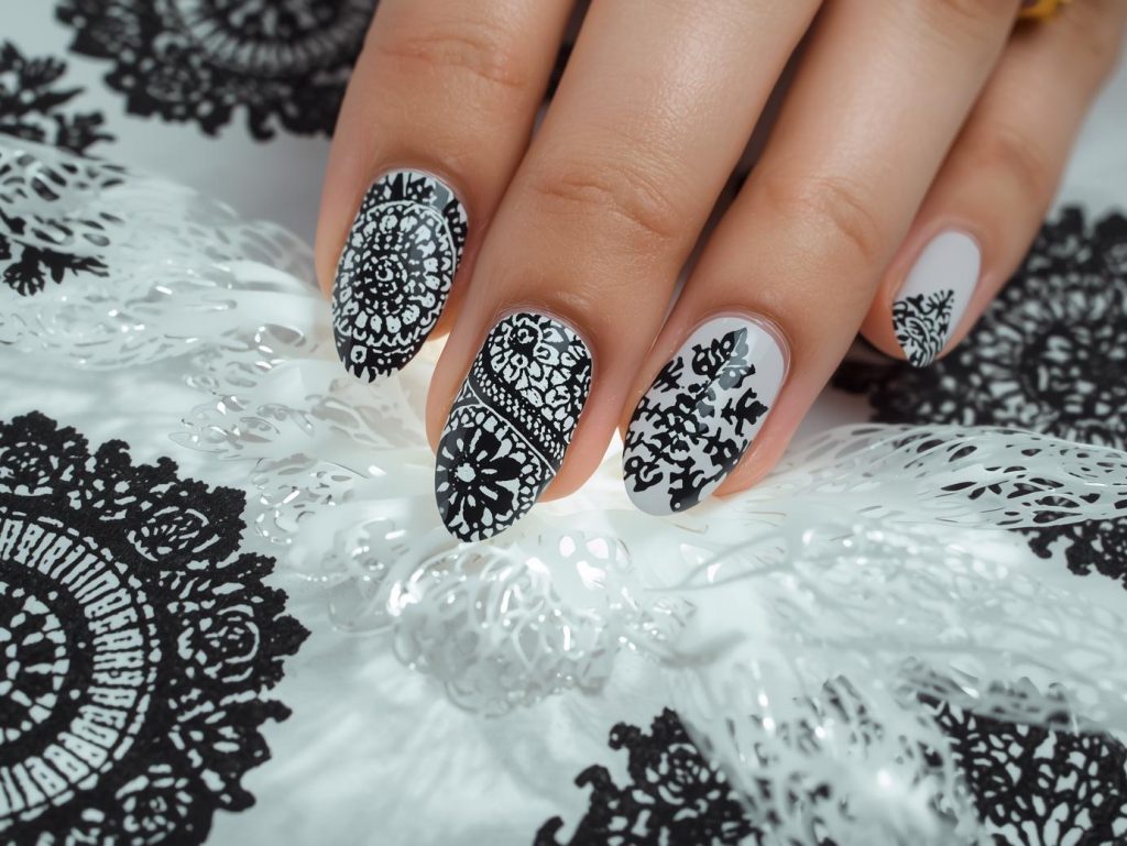 Glossy white black lace stamped nail art with white base.