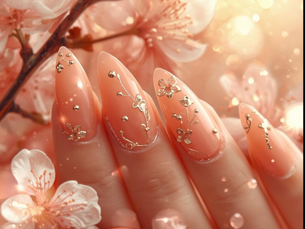 Soft peach gold foil peach blossom nail art with peach base.
