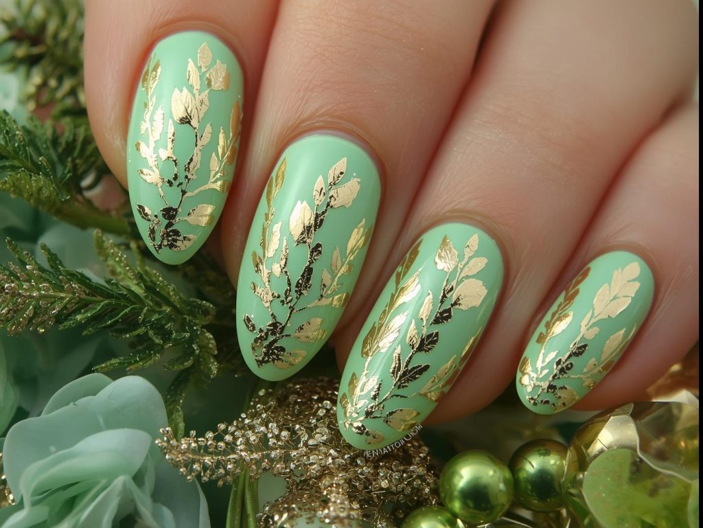 Vibrant mint green gold foil leaf nail art with mint green base