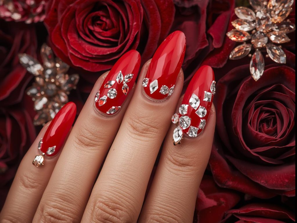 Clear rhinestone nail art with glossy red base