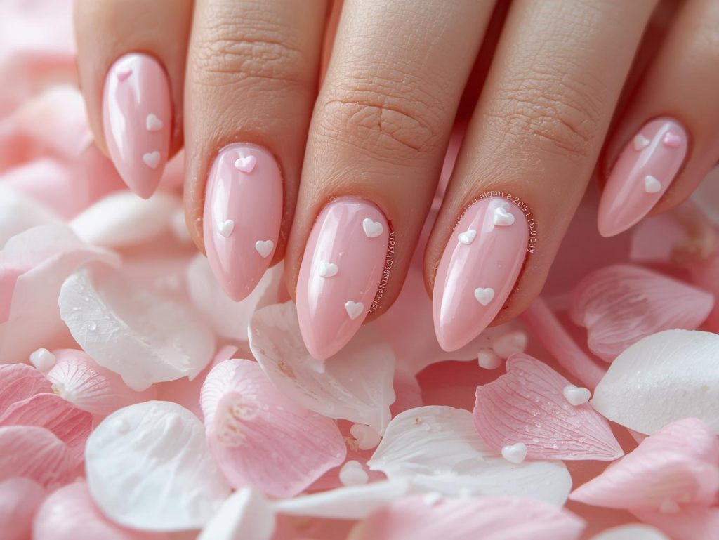 Soft pink white heart nail art with pink base.