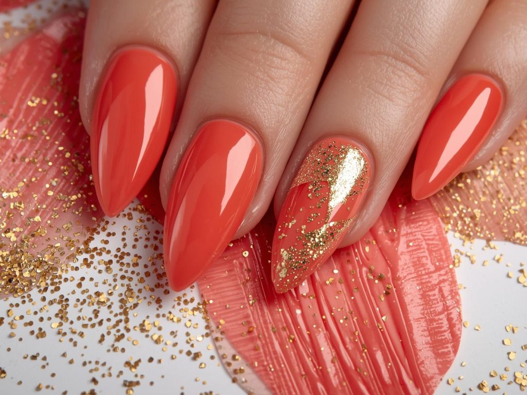 DIY Gel Nails: Stunning and Pinterest-Worthy Manicures to Adore 5 Glossy coral gold foil DIY gel nail art with coral base.