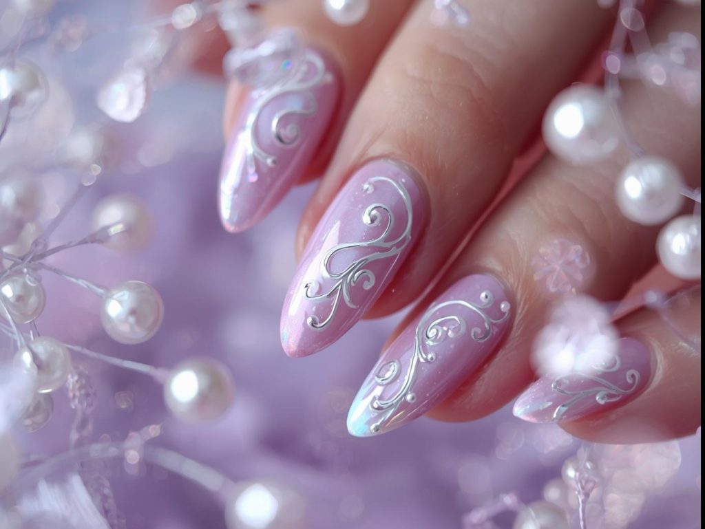 Lavender Nail Designs: Dreamy and Pinterest-Worthy Manicures to Adore 5 Soft lavender pearl swirl nail art with iridescent swirls.