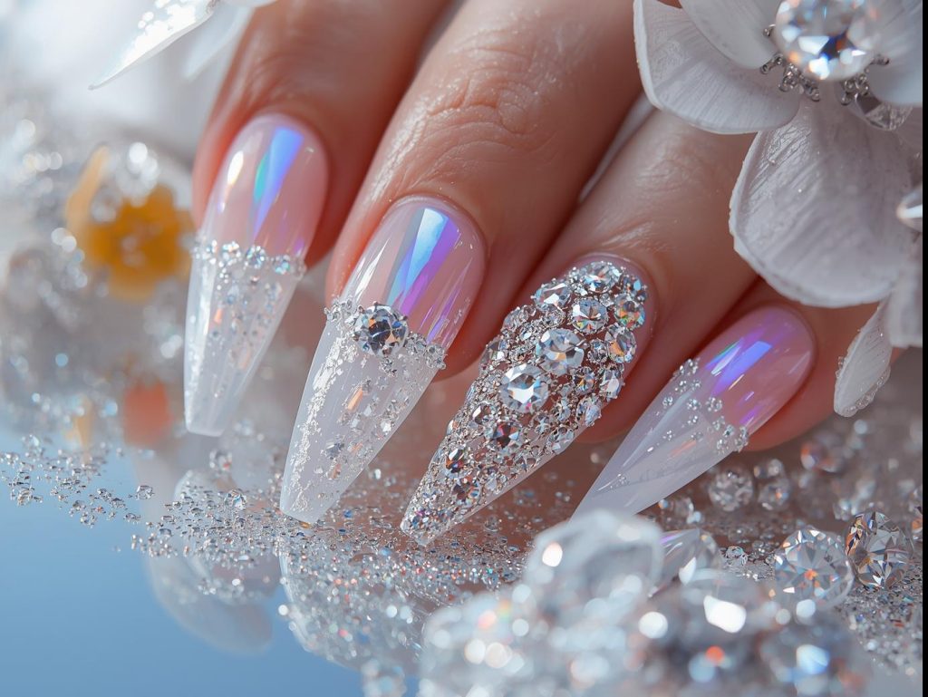 Sparkling clear crystal cluster nail art with glossy white base.
