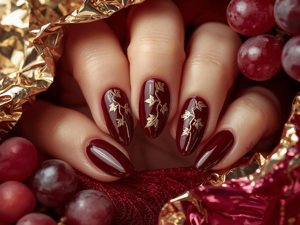Deep wine red gold foil grapevine nail art with wine red base.
