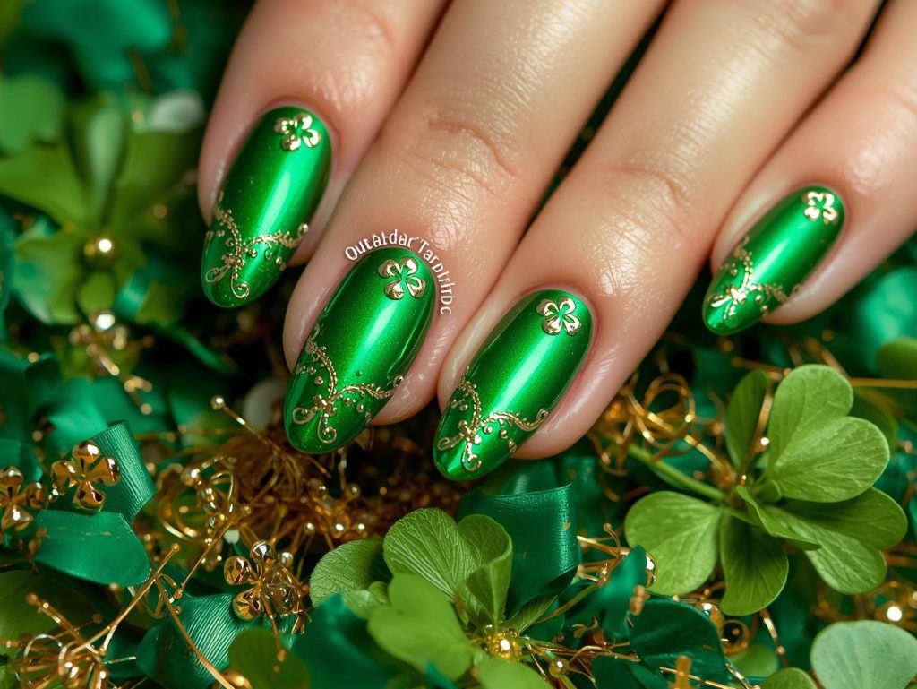 Emerald green gold shamrock nail art with emerald green base.